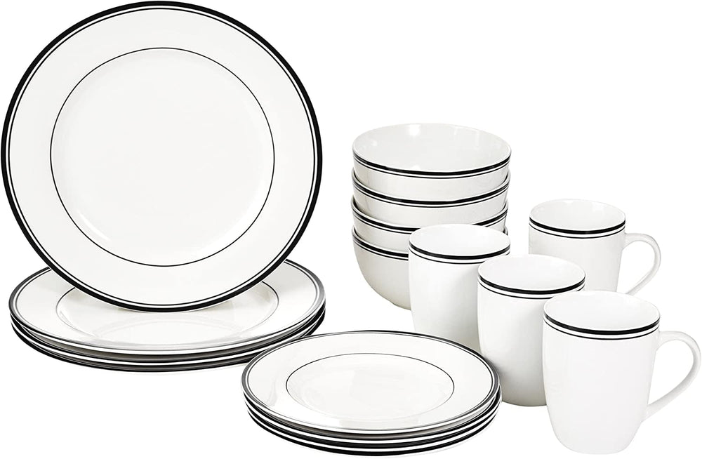 Set de veselă Amazon Basics Cafe cu margine neagră, 16 piese, pentru 4 persoane