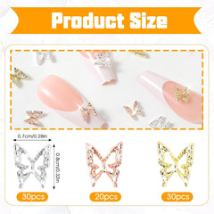 80 de bucăți de pandantive pentru unghii fluture 3D, din aliaj, formă de fluture, auriu, argintiu, strălucitoare, decorațiuni pentru unghii, accesorii pentru bijuterii pentru unghii, manichiură DIY pentru femei