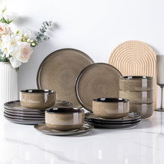 LeRatio Service de table pour 6 personnes, service de table 18 pièces en porcelaine, vernis réactif, ensemble de bols et d'assiettes résistants aux rayures, passe au lave-vaisselle et au micro-ondes, vaisselle