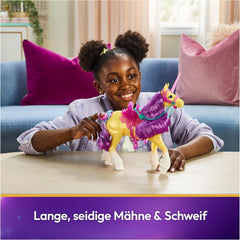 Unicorn Academy Einhorn Leaf - 28 cm groß, Original-Einhorn von Ava zur Netflix-Serie, mit echter Mähne und Schweif, abnehmbarem Zaumzeug und Sattel sowie Bürste, für Kinder ab 4 Jahren