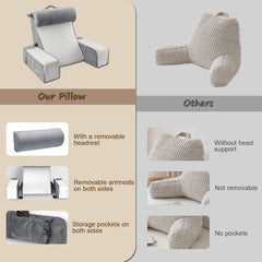 Grand oreiller de lecture pour lit et canapé, oreiller de dos pour adulte avec support de cou et accoudoirs, oreiller de dossier ergonomique avec poche et housse lavable pour se reposer, lire, regarder la télévision (WH)