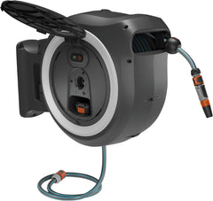 Gardena PowerRoll XXL Solo Dévidoir mural sans fil : enrouleur automatique avec tuyau d'arrosage de 40 m, guide de tuyau et RollControl, alimenté par batterie, résistant aux UV et au gel (18647-55)