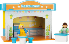 Small Foot 10852 Playhouse Restaurant En bois, Avec 2 figurines de poupée, accessoires et toit amovible, À partir de 3 ans Naty Shop Dollhouses