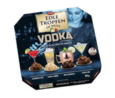 Edle Tropfen in Nuss Vodka Lounge 100g, pralines au chocolat remplies de liquide avec glaçage au chocolat au lait et morceaux croquants de noisette
