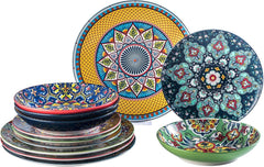 HENXFEN LEAD Service de table en porcelaine, service de table 12 pièces pour 4 personnes, service de table coloré pour 4 personnes – assiettes peintes à la main, assiettes à dessert, assiettes creuses – Style bohème