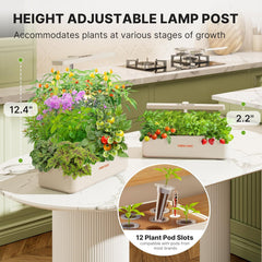 Kit sistem de creștere hidroponică cu 12 capsule, lampă LED de 24W pentru grădină de interior, rezervor de apă de 4L cu pompă silențioasă, jardinieră cu înălțime reglabilă pentru plante aromatice, kit de grădinărit de interior, cadouri de grădinărit, bej