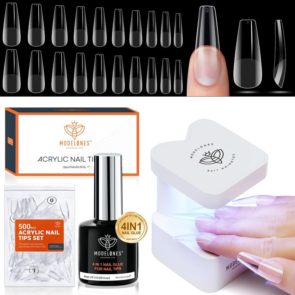 Modelones Kit pour ongles et gel adhésif 500 pcs. Kit d'extension d'ongles en gel adhésif, kit d'ongles en gel, adhésif pour ongles et mini lampe à ongles, couverture complète des pointes d'ongles, presse sur Nail Art Studio Salon DIY