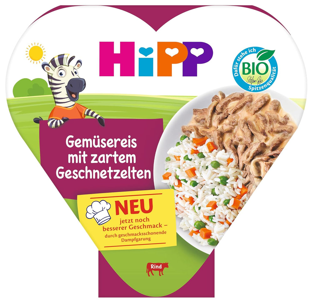Riz aux légumes bio HiPP avec tranches de viande tendres (6 x 250g), repas à partir de 1 an, légèrement cuit à la vapeur, végétarien, assaisonné pour les enfants, qualité bio