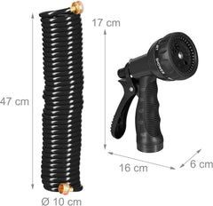Furtun spiralat Relaxdays, extensibil până la 10 m, furtun flexibil de grădină cu pulverizator de apă, 7 modele de pulverizare, negru