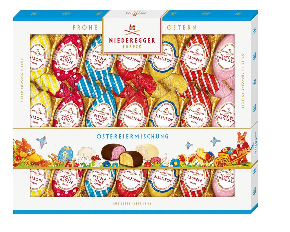 Niederegger | Mélange d’œufs de Pâques | 1x262g | Oeufs de Pâques fourrés à la pâte d'amande et au praliné | Enrobé de chocolat noir et blanc | Cadeau de Pâques