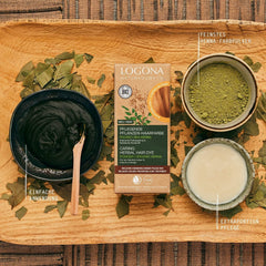 LOGONA Natural Cosmetics Teinture capillaire nourrissante à base de plantes, teinture capillaire végétalienne en poudre de henné biologique pour une couleur et une brillance intenses, teinture capillaire à base de plantes en blond cuivré (blond), 1 x 100 g de teinture capillaire Naty Shop