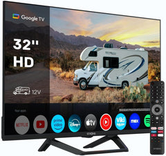STRONG SRT32HG4723C Téléviseur HD 32'' - DVB-S2/C/T2, 12V Idéal pour camping-cars, cuisines, chambres, bateaux, 2 ports HDMI + 1 port USB + Mini-AV + Connexion antenne/satellite - Noir