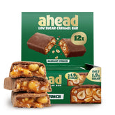 Batoane de ciocolată cu caramel și alune de pădure ahead | 12 batoane de ciocolată x 35 g fără zahăr adăugat | 1,9 g zahăr per baton | Aromă crocantă de alune de pădure și caramel | Dulciuri cu conținut scăzut de carbohidrați | Fără ulei de palmier