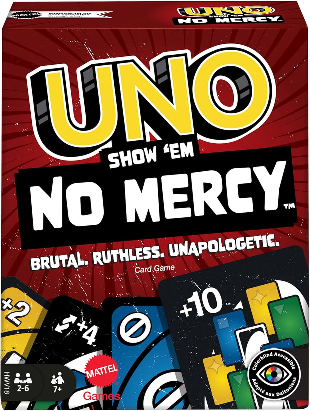 Mattel UNO Show 'em No Mercy - 56 cartes supplémentaires, cartes d'action stimulantes et règles de jeu brutales pour la version la plus impitoyable, règle d'empilage et échange de mains, à partir de 7 ans, HWV18