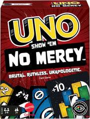 Mattel UNO Show 'em No Mercy - 56 cartes supplémentaires, cartes d'action stimulantes et règles de jeu brutales pour la version la plus impitoyable, règle d'empilage et échange de mains, à partir de 7 ans, HWV18