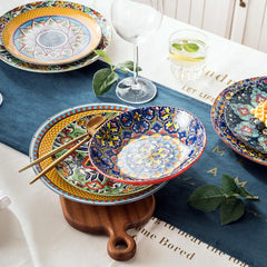 HENXFEN LEAD Service de table en porcelaine, service de table 12 pièces pour 4 personnes, service de table coloré pour 4 personnes – assiettes peintes à la main, assiettes à dessert, assiettes creuses – Style bohème