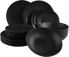 Service de table en céramique fine noir mat – 18 pièces – Service de table pour 6 personnes comprenant assiettes à gâteau, assiettes plates, assiettes plates – Passe au lave-vaisselle