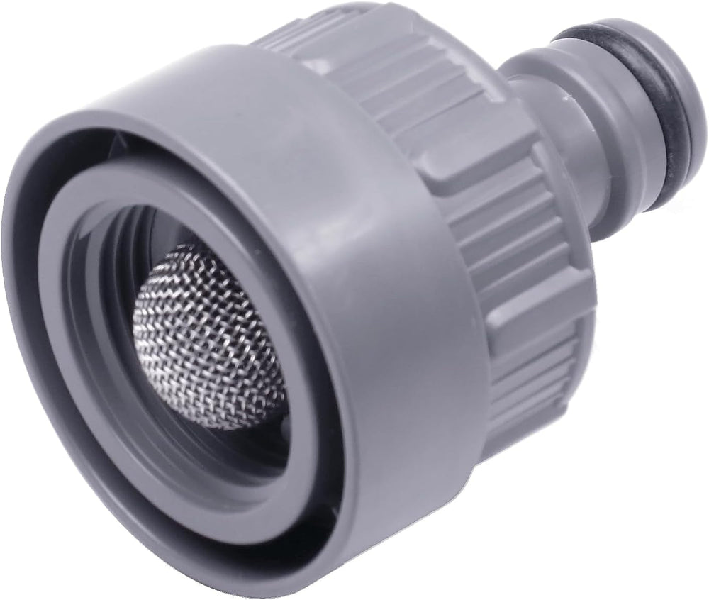 Raccord de robinet Gardena avec arrêt d'eau, sortie d'eau : raccord pour bouchon d'eau (code article 8254), sortie d'eau (code article 8250, 8266), partie du système de tuyauterie (05327-20), gris