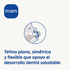 Suzetă MAM, de la 6 luni, cu tetină simetrică, plată și flexibilă, din silicon moale, ușor de utilizat, cu cutie autosterilizabilă, Original, Albastru Deschis, 2 bucăți