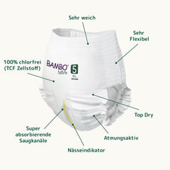 Scutece Bambo Nature, mărimea 5 (11-17 kg) - cutie lunară cu 95 bucăți | Scutece cu protecție îmbunătățită împotriva scurgerilor | Confort și libertate supreme pentru copiii activi | Scutece testate dermatologic
