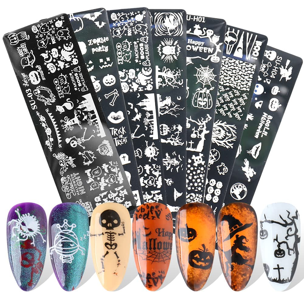 JMEOWIO Nail Stamping Pochoirs Halloween 6 Pièces Nagelstempel Pochoirs Nail Art Décoration Nageldesign Zubehör Böse Gruselige Kürbis-Geisterhexe