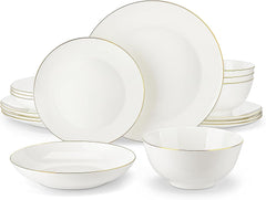 MALACASA Service de table pour 4 personnes en porcelaine tendre, service de table 16 pièces rond blanc avec bord doré, ensemble combiné de 4 assiettes plates, 4 assiettes à dessert, 4 assiettes Suma et 4 bols à céréales Série NORI
