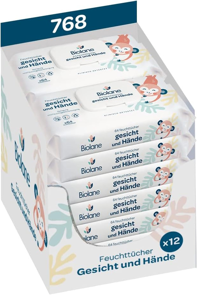 BIOLANE - Lingettes humides bébé, visage et mains - Lingettes nettoyantes extra douces pour l'hygiène - Lingettes humides bébé dès la naissance - Sans alcool - 12 x 64 lingettes (768 lingettes)