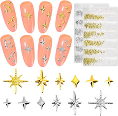 400 Stück Gold Silber Stern Nail Charms Nägel, 3D Metall Star Nagelkunst Dekorations, Star Nail Design Gemischt Größe Form Nägel Zubehör
