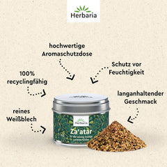 Herbaria Za'atar bio 25g S-Dose – Zatar Gewürz, Zaatar Gewürz - orientalische Bio-Gewürzmischung für Gerichte der Levante Küche - mit erlesenen Zutaten - in nachhaltiger Aromaschutz-Dose