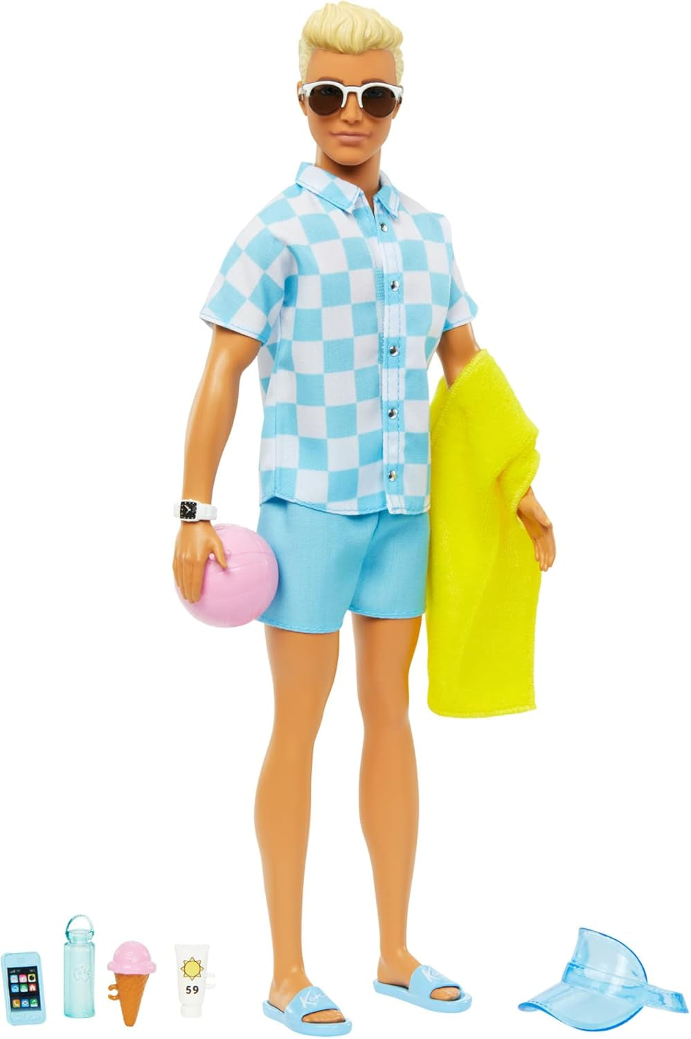 Barbie Ken - Poupée blonde avec chemise bleue et tablier de bain, accessoires de plage et ballon de plage pour un jeu créatif, à partir de 3 ans, HPL74
