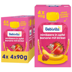 Sachets compressibles fruits, framboise, pomme, banane et épeautre - 16 pièces (paquet de 4, 4 x 90g chacun), sans sucre ajouté, à base de fruits rouges et de céréales saines, idéal pour les collations à emporter et l'autoconsommation