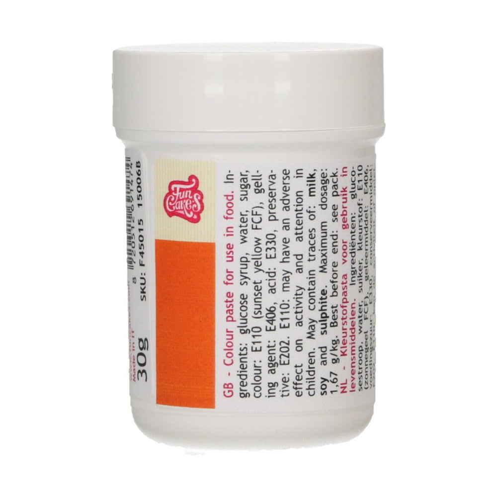 Colorant alimentar concentrat Funcakes Paste Color Orange; pentru aluat, cremă, fondant, marțipan, aluat, pastă de modelat și pastă de flori. Halal și Kosher. 30 g