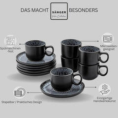 SANGER Sydney | Ensemble de 12 tasses à expresso en céramique, ensemble de tasses à moka pour 6, tasses et soucoupes, passe au lave-vaisselle et au micro-ondes, gris foncé, 80 ml | LA COLLECTION VALEUR
