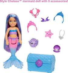 Barbie Mermaid Power, Chelsea Puppe, Meerjungfrau Puppe, Chelsea mit blauem & lila Haar, Krone, Meerjungfrauenschwanz, Zubehör, Geschenk für Kinder ab 3 Jahre,HHG57