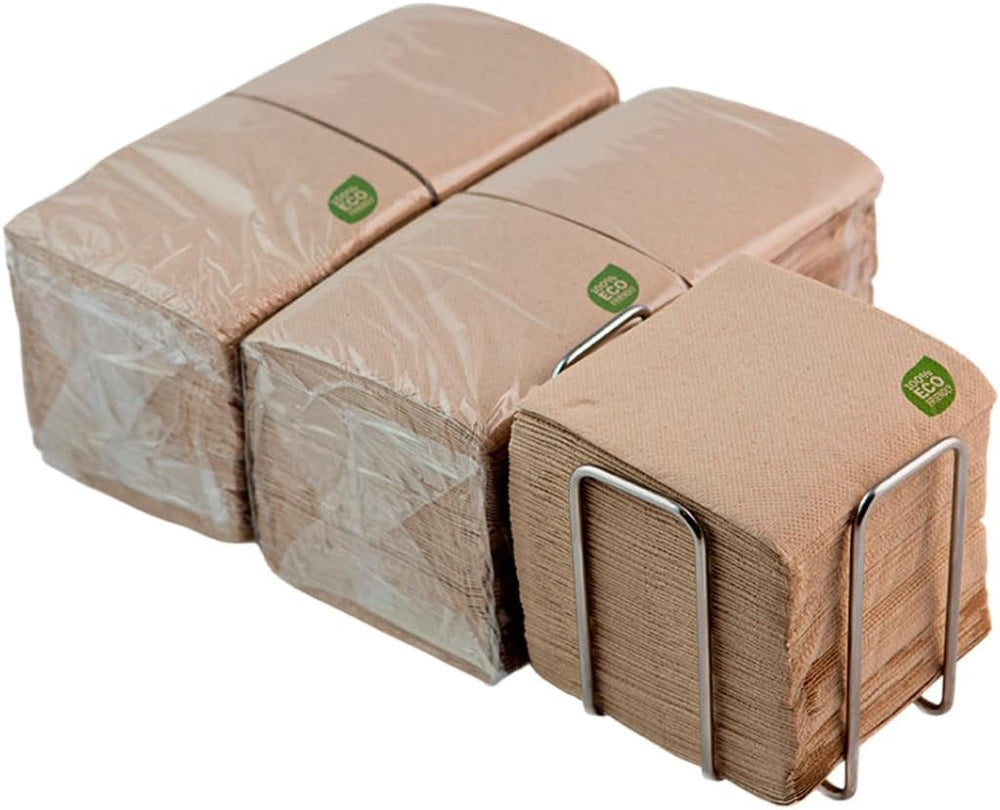 Paquet de 300 serviettes en papier cocktail, 100 % recyclables et biodégradables, porte-serviettes en acier inoxydable, serviettes écologiques, 10 x 10 cm, pliées.