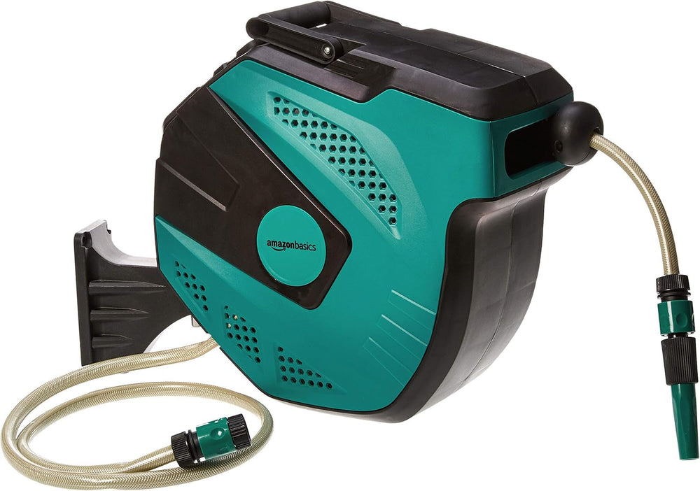 Amazon Basics Enrouleur de tuyau mural avec tuyau, enroulement automatique, 15 m, vert marine, noir