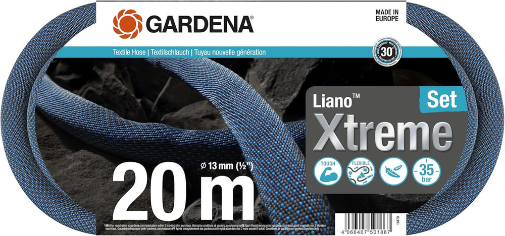 Gardena Liano Xtreme 1/2" 20 m set : Tuyau d'arrosage textile extrêmement robuste avec tuyau intérieur en PVC léger et résistant aux intempéries (18470-20)