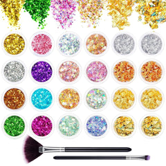 24 couleurs Glitzer Set avec Blattgold et Glitzerpulver, Nageldesign Zubehör Pailletten Basteln Nail Art Glitter Mit Pinsel pour Nägel Gesicht Körper DIY Nagelkunst Make Up