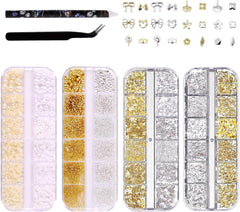 Coffret de 4 porte-clés à ongles – 48 types de porte-clés à ongles 3D dorés et argentés (papillons, fleurs, perles, etc.) + pince à épiler et stylo – pour ongles en gel et acrylique DIY | Idéal pour le salon de manucure et la maison