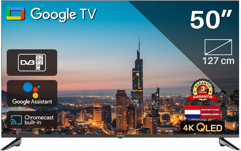 TEEVIEW Google Smart TV | QLED 4K UHD | 50"/127 cm | Conception sans cadre | Triple tuner DVB-T/T2/S/S2/C | HDMI x3, USB x2, CI+ | Commande vocale et applications de streaming | Assemblé à Eindhoven | TV50QQG-EU