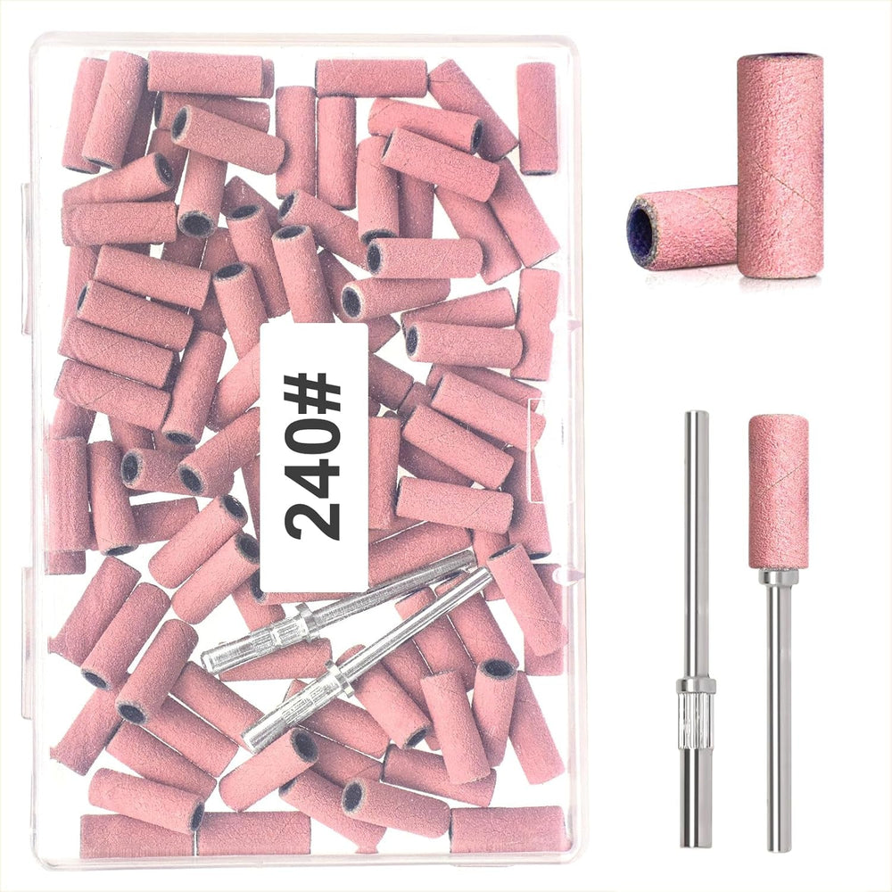 BLESWIN 100 bucăți benzi de șlefuit mici pentru burghie de unghii, granulație fină 240 cu 2 bucăți burghiu de 3 mm, mini benzi de șlefuit pentru lustruirea unghiilor naturale și curățarea cuticulelor pentru pregătire, roz