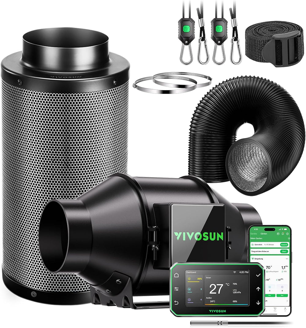 VIVOSUN Kit de ventilateur/échappement intelligent AeroZesh G4 100 mm avec GrowHub E42A+, contrôleur de température et d'humidité, télécommande WiFi/App, filtre à charbon actif et tuyau pour tentes de culture et culture hydroponique