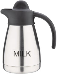 Cană de lapte vidată Olympia cu capac cu filet, 500 ml/17 oz, oțel inoxidabil cu capac negru, imprimeu cu lapte pe lateral, stații de bufet pentru ceai și cafea, CL371