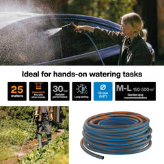 Furtun de grădină Fiskars ML, seria X, furtun de apă pentru udare manuală, 13 mm (1/2"), lungime: 25 m, racord universal, protecție UV, protecție la îngheț, rezistent la răsucire, albastru, 1076045