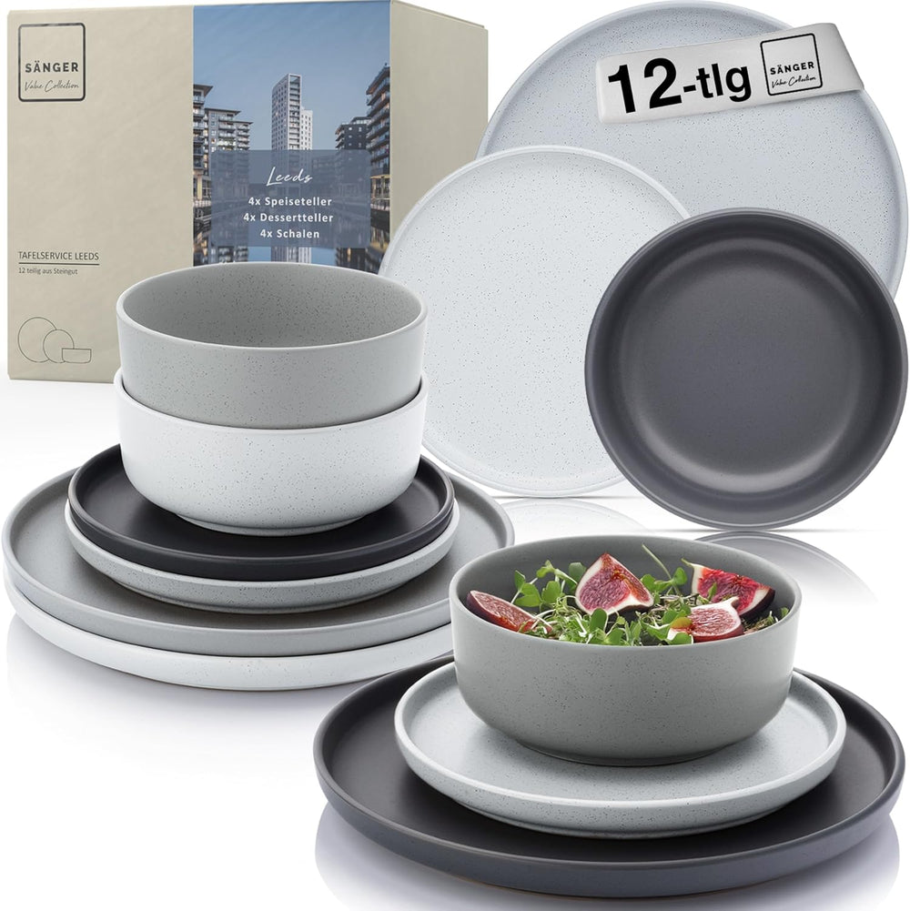 SÄNGER Leeds | Service de table en grès 12 pièces, service d'assiettes pour 4 personnes (4 assiettes plates, 4 assiettes à dessert, 4 bols), vaisselle colorée résistante aux rayures | LA COLLECTION VALEUR