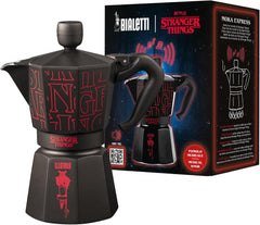 Bialetti Moka Express Stranger Things Cafetière 6 tasses, bouton musique avec fonction de chargement USB-C, ne convient pas aux plaques à induction, 6 tasses (270 ml), noir