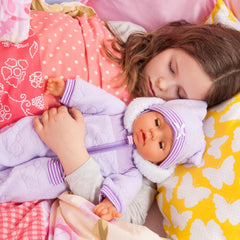 Bayer Design 94694AG 94694AA, poupée fonctionnelle, poupée interactive Piccolina Magic Eyes, bouge la bouche, cligne et ferme les yeux, parle, violet, 46 cm