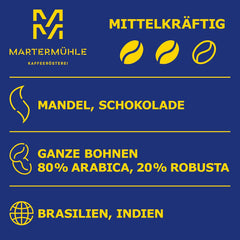 Martermühle Office Blend grains d'espresso 1 kg, force moyenne | Arabica/Robusta | Saveurs : Amande, Chocolat | Grains d'espresso entiers, légèrement torréfiés, faible acidité