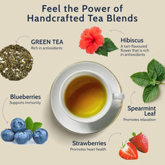 Blooms & Leopard Premium Green Tea Bags – Amestec Berry Borealis cu hibiscus, afine, căpșuni și mentă verde – 20 pliculețe de ceai piramidale pentru ceai cald sau rece