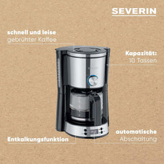 Machine à expresso SEVERIN "TypeSwitch" avec carafe en verre et minuterie, AromaSwitch pour choisir 2 options de préparation, horloge numérique avec fonction minuterie, pour jusqu'à 10 tasses, 1000W, acier inoxydable brossé-noir, KA 4826